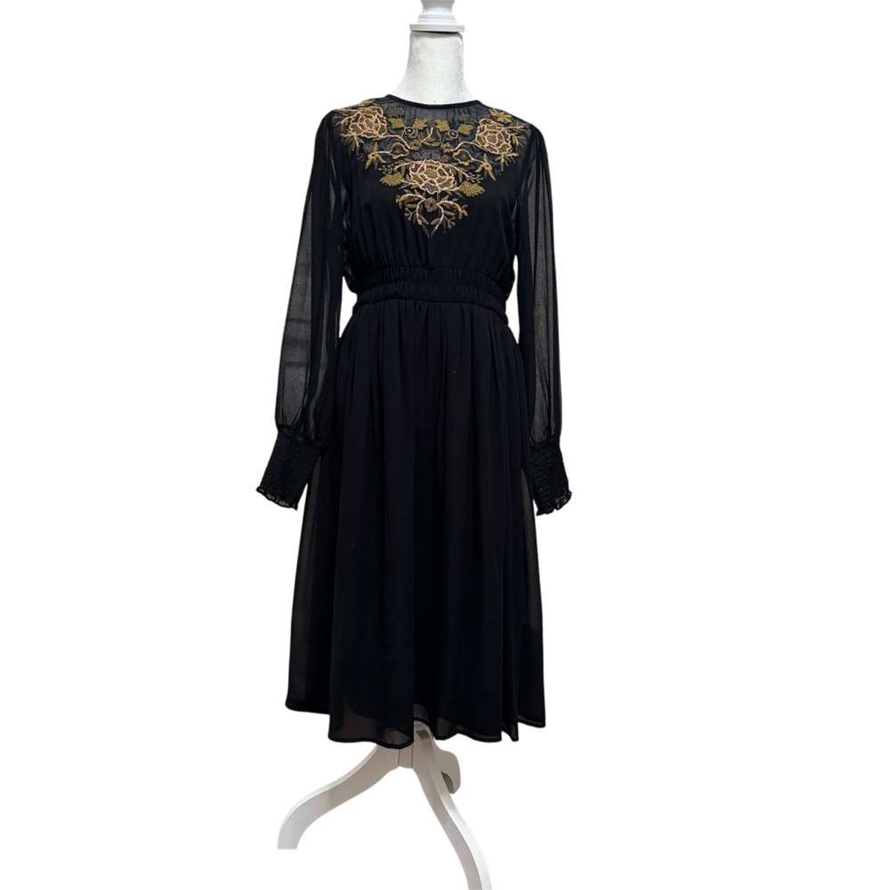 Zara Black Midi Dress with Gold Embroidery